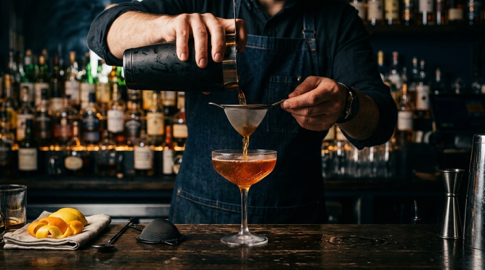 Bartender colando un cóctel ámbar en una barra oscura