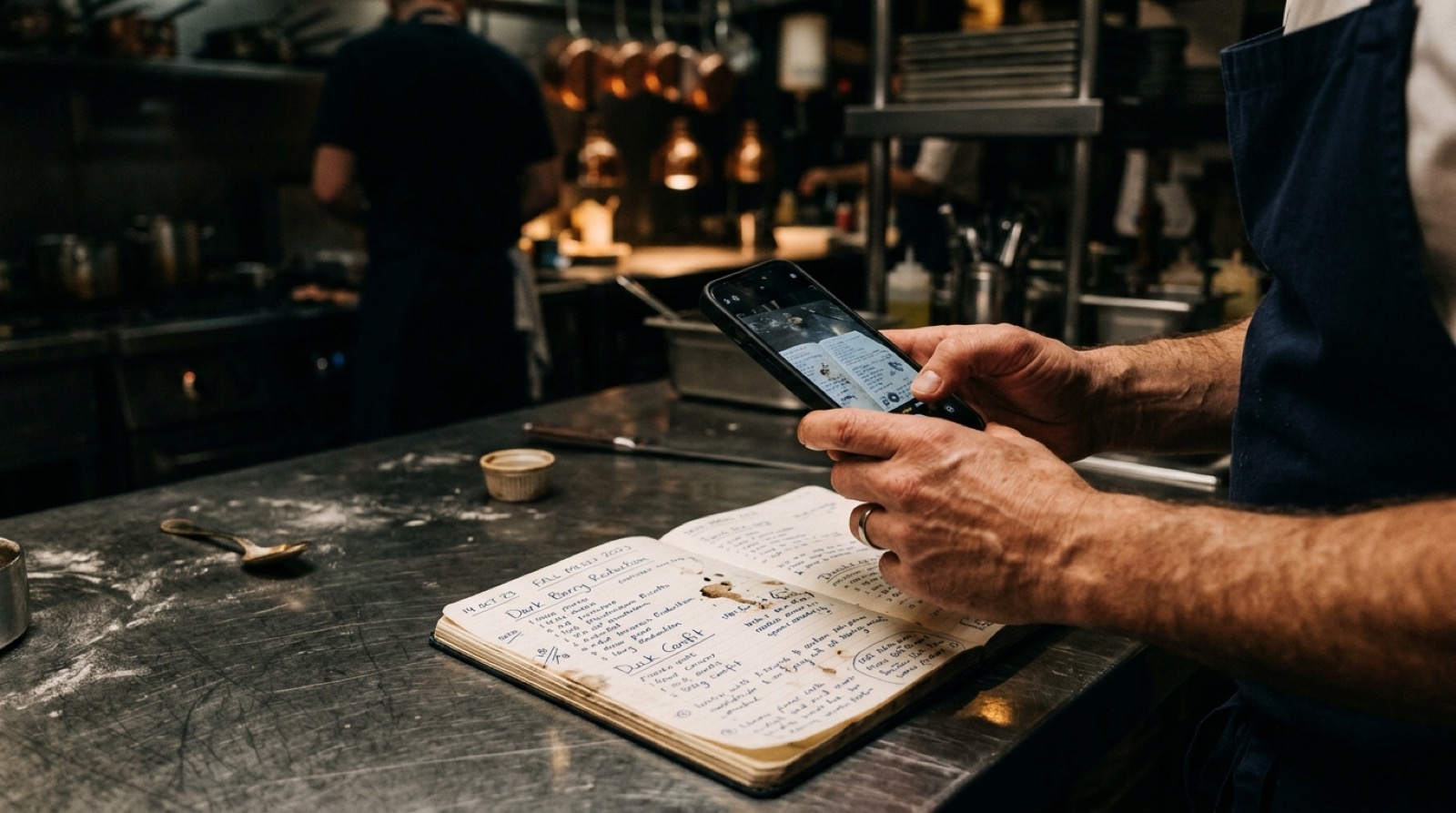 Cocinero fotografiando su cuaderno de recetas con el móvil