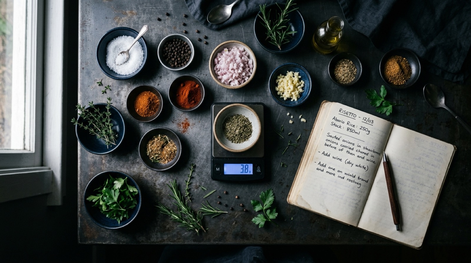 Mise en place profesional con ingredientes pesados y cuaderno de recetas